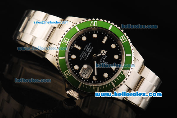 Rolex Submariner Oyster Perpetual Date Rolex 3135 Automatic Movement Full Steel with Black Dial and Green Bezel - Click Image to Close